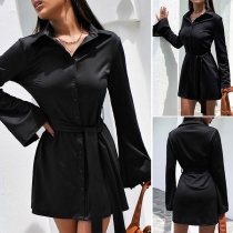OL Style Trumpet Sleeve POLO Collar Solid Color Shirt Dress