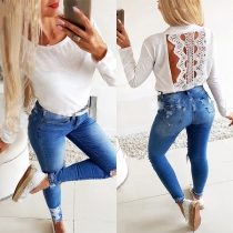 Sexy Lace Spliced Backless Long Sleeve Round Neck Solid Color Top