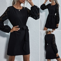 Sexy Gauze Spliced Long Sleeve Round Neck Solid Color Dress