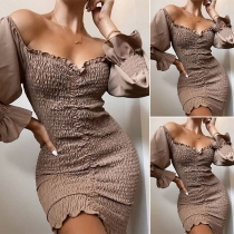 Sexy Solid Color Off-the- Shoulder Trumpet Sleeve Wrinkled Dress