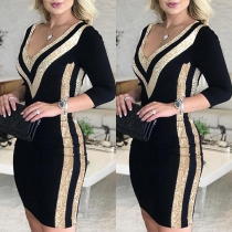 Sexy V-neck Sequin Spliced Long Sleeve Slim Fit Dress