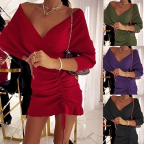 Sexy Solid Color V-neck Ruffle Hem Long Sleeve Knitted Dress