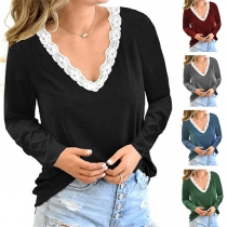 Loose Solid Color V-neck Lace Spliced Long Sleeve T-Shirt