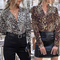 Sexy V-Neck Leopard Printed Long Sleeve Shirt