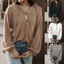 Loose Solid Color Long Sleeve Hooded Drawstring Top