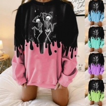 Casual Style Contrast Color Skull Printed Round Neck Loose Sweatshirt