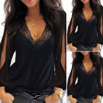 Sexy Lace Spliced V-neck Slit Long Sleeve Solid Color Top