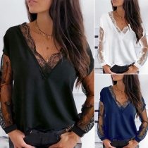 Sexy Lace Spliced V-neck Long Sleeve Solid Color T-shirt