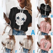 Fashion Contrast Color Long Sleeve Hooded Printed Sweatshirt