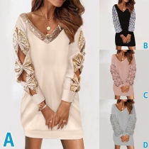 Fashion Sequin Spliced Long Sleeve Round Neck Dress