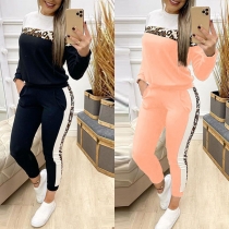Fashion Contrast Color Leopard Spliced Long Sleeve Sweatshirt + Pants Two-piece Set