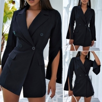 Sexy Slit Long Sleeve Notched Lapel Solid Color Thin Suit Coat