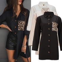 Fashion Long Sleeve POLO Collar Leopard Spliced Shirt