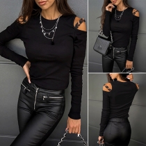 Sexy Off-shoulder Long Sleeve Round Neck Slim Fit T-shirt