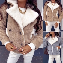 Fashion Contrast Color Long Sleeve Notched Lapel Plush Coat