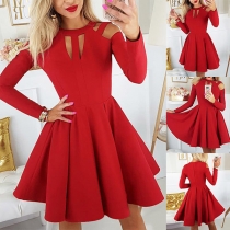 Sexy Long Sleeve Round Neck High Waist Hollow Out Dress