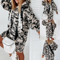 Fashion Camouflage Printed Long Sleeve Hooded Sweatshirt Dress