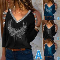 Sexy Hollow Out Long Sleeve V-neck Sequin Spliced T-shirt
