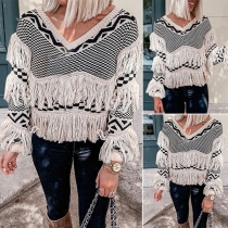 Fashion Long Sleeve V-neck Tassel Spliced Knit Top