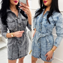 Retro Style Long Sleeve POLO Collar Single-breasted Denim Dress