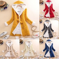 Fashion Long Sleeve Hooded Plush Lining Horn Button Coat