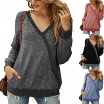 Fashion Contrast Color Long Sleeve V-neck T-shirt