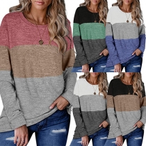 Fashion Contrast Color Long Sleeve Round Neck Loose T-shirt