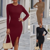 Sexy Slit Hem Long Sleeve Round Neck Solid Color Slim Fit Dress