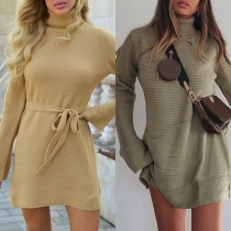 Fashion Solid Color Long Sleeve Turtleneck Slit Hem Knit Dress