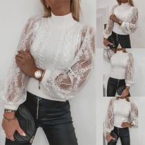 Sexy Lace Spliced Lantern Sleeve Mock Neck Knit Top