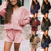 Fashion Solid Color Long Sleeve Hooded Top + Shorts Two-piece Set