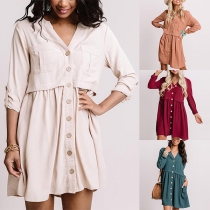 Fashion Solid Color Long Sleeve V-neck Single-breasted Dress