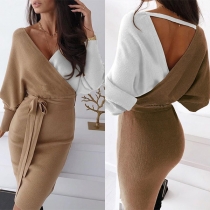 Sexy Backless V-neck Contrast Color Long Sleeve Slim Fit Dress