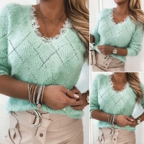 Fashion Solid Color Long Sleeve V-neck Lace Spliced Knit Top