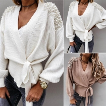 Sexy V-neck Long Sleeve Pearl Inlaid Lace-up Knit Top