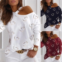 Sexy Off-shoulder Long Sleeve Heart Printed T-shirt