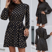 Fashion Long Sleeve Mock Neck Dots Printed Dress