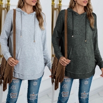 Fashion Solid Color Long Sleeve Hooded High-low Hem Sweatshirt
