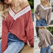 Fashion Lace Spliced V-neck Long Sleeve Loose T-shirt