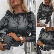 Chic Style Long Sleeve Solid Color Ruffle PU Leather Shirt