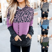 Fashion Contrast Color Leopard Spliced Long Sleeve Hooded Sweatshirt