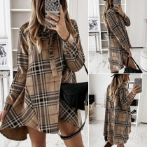 Fashion Long Sleeve POLO Collar High-low Hem Loose Plaid Dress