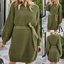 Fashion Solid Color Long Sleeve Round Neck Sweater Dress