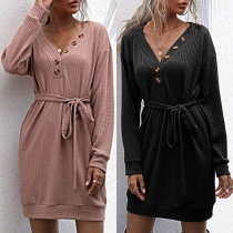 Sexy V-neck Long Sleeve Solid Color Dress with Waist Strap