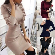 Fashion Solid Color Long Sleeve Round Neck Slim Fit Ruffle Dress