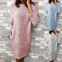Fashion Solid Color Long Sleeve Round Neck Loose Knit Dress