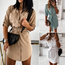 OL Style Long Sleeve POLO Collar Solid Color Shirt Dress