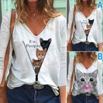 Cute Cat Printed Long Sleeve V-neck Loose T-shirt