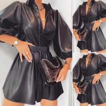 Chic Style Lantern Sleeve POLO Collar Solid Color PU Leather Dress