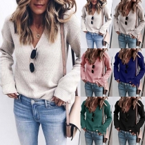 Fashion Solid Color Long Sleeve V-neck Knit Top